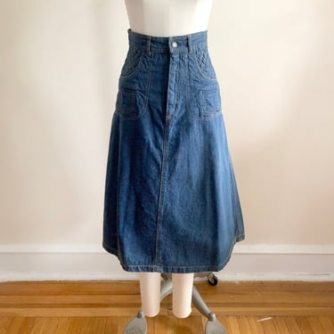 A-Line Denim Midi Skirt with Quilted Yoke - 1970s 