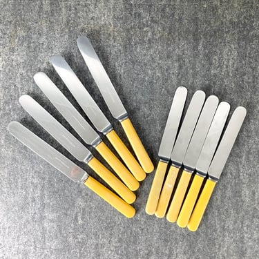 Birks stainless knives with yellow celluloid handles, 5 each of 2 sizes - vintage 