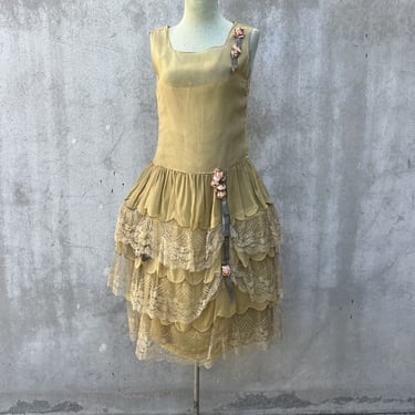 Antique 1920s Robe De Style Chiffon Dress Silk Flowers Lamé Ribbon  Blonde Lace