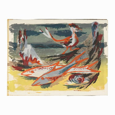 1950 Rosemary Zwick Lithograph on Paper Fish Mid Century Modern Vintage 