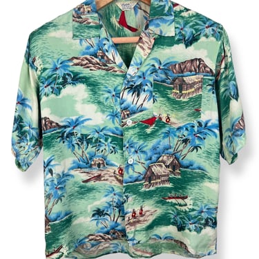 Vintage 1950s "TAHITI" Rayon Hawaiian Sport Shirt ~ M ~ Aloha ~ Rockabilly / Tiki / Atomic / VLV ~ Loop Collar 