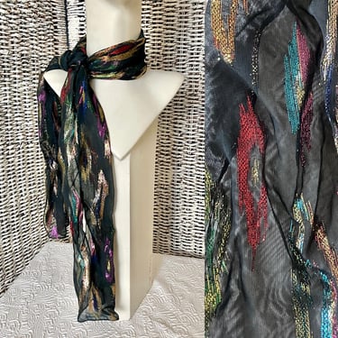 Sheer Metallic Scarf, Long, Multi Metallic Lurex, Abstract, Vintage 70s 80s 