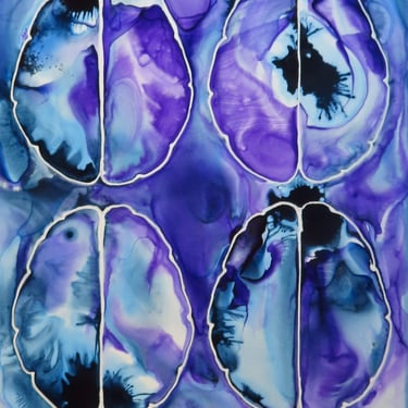 Brain Scan in Purple and Indigo - Neuroscience Art - Ink Painting on Yupo 