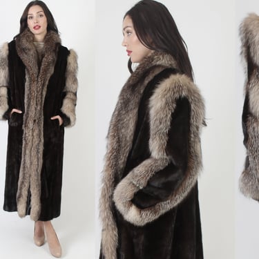 Full Length Darkest Brown Mink Coat / Soft Crystal Orange Fox Fur Trim / 70s Shawl Collar Maxi / Long Luxurious Real Wedding Overcoat 