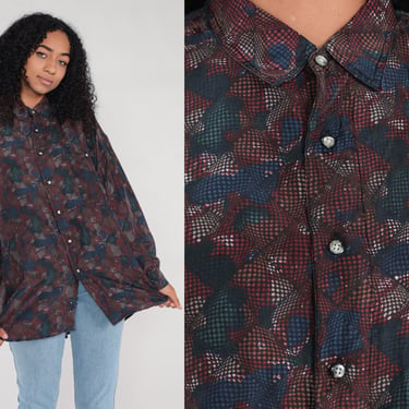 Abstract Silk Shirt 00s Button Up Blouse Dark Green Red Print Grunge Long Sleeve Collared Shirt Statement Top 2000s Vintage Extra Large xl 