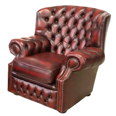 Armchair, Queen Anne Style Oxblood Leather, English, Button Tufted,Nailhead