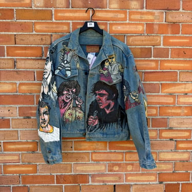 vintage 80s blue hand painted Elvis Stevie wonder James dean al Pacino Marlon Brando Madonna Frank Sinatra michael jackson jacket / l large 