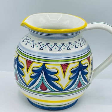Large Pitcher Multi Colored Mediterranean Style Hand Painted- Chip Free Excellent condition 7" 