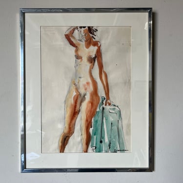 70's Irving Rosenzweig Standing Nude Woman Watercolor Painting, Framed 