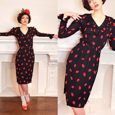 70s 80s Yves Saint Laurent Print Rive Gauche Dress in Black and Red Dot Print Ruffled Neckline S 