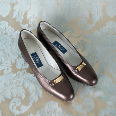 Vintage 1970s Selby Comfort Flex Metallic Brown Leather Flats with Gold Plate Detail 7.5 