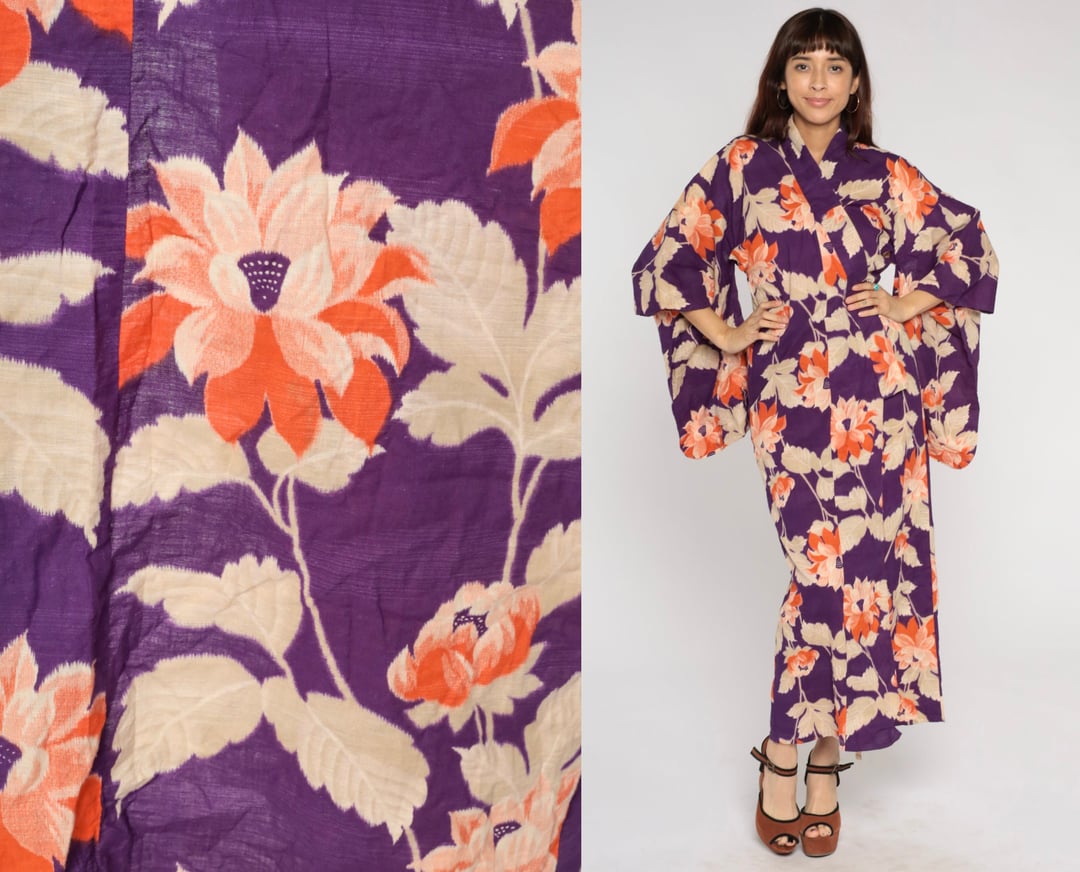 Purple Floral Kimono 70s Japanese Robe Boho Maxi Jacket Full Shop