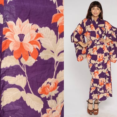 Purple Floral Kimono 70s Japanese Robe Boho Maxi Jacket Full Length House Coat Asian Hippie Orange Vintage 1970s Cotton Small Medium Large 