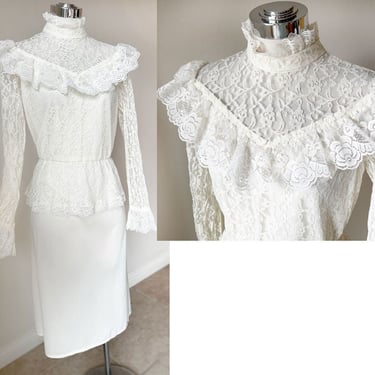 70's Ivory Lace Dress Ruffles Cottage Hippie Disco 1970's Vintage Dress White Bridal Wedding 