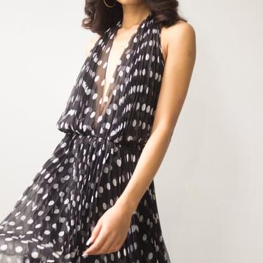 1980s Yves Saint Laurent Silk Polka Dot Pleated Halter Dress 