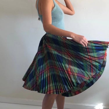 80s plisse skirt / vintage micro pleats please plisse plaid tartan taffeta circle wrap skirt | XS S 