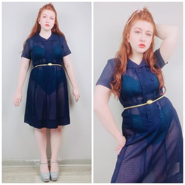 1960s Vintage Youth Size Double Breasted Shirt Dress / 60s Sixties Sheer Fit and Flare Dress / Size Large 