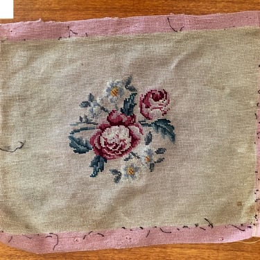 Antique PETIT POINT Embroidery Tapestry, Wool Roses Floral Chair Cover, Upholstery Vintage 1920's Pink Fabric Remnant ,needlepoint, Pillow 