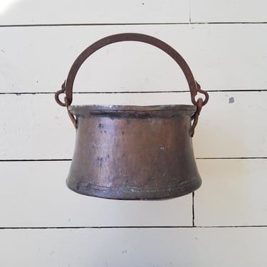 Copper Cauldron with Iron Handle – Rustic Farmhouse Antique Pot | 8.5" Wide 