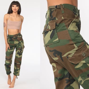 Army Camo Pants xs CARGO Pants 80s Military High Waisted Combat Olive Green Camouflage 1980s Vintage Punk Grunge Olive Drab 2xs xxs 