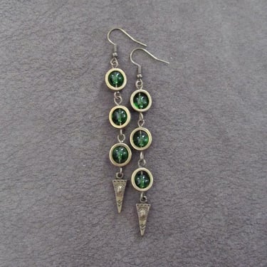 Green glass earrings, geometric earrings, artisan bronze 