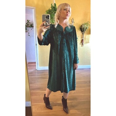 Vintage Hunter Green Velour Nightgown Vtg Loungewear Comfy House Dress 