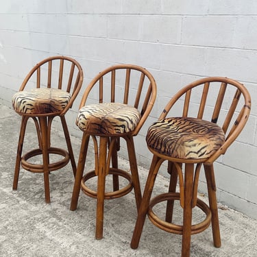 Rattan Tiger Print 1960s Barstools