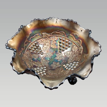 Fenton Grape and Cable Black Amethyst Carnival Glass Bowl, Ball Footed Sawtooth Edge Gold Iridescence 
