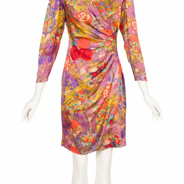 Emanuel Ungaro 1980s Vintage Abstract Floral Print Silk Draped Evening Dress Sz S 