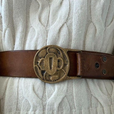 Vintage Womens 1970s Brown Leather Solid Brass Geometric Hippie Belt Sz L 