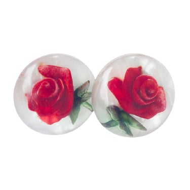 1950s red rose lucite dome screw back earrings 