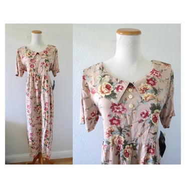 Vintage 90s Babydoll Dress - Brown Floral Print Midi Collared Summer Dress - NWT - Size Large 