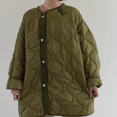 Vintage Long Green Liner Jacket White Buttons | Two Tone Unisex Quilted Nylon Coat | XL XXL | LI013 