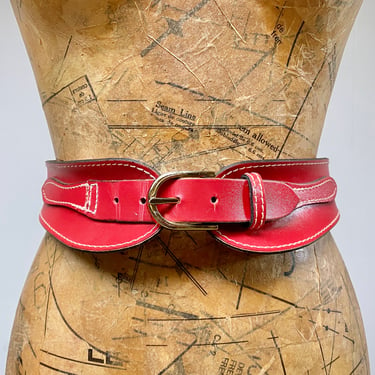 Vintage 1980s/1990s Red Leather Super Wide Statement Belt, Crimson Cinch Belt, 34 to 36
