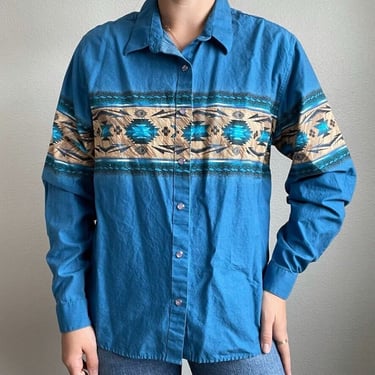 Vintage 80s Womens Panhandle Western Aztec Blue Cotton Pearl Snap Shirt Sz L 
