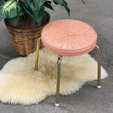 Vintage Pearl Wick Ottoman Retro 1950s Mid Century Modern + Salmon Pink + Gold Confetti Print + Cushioned Seat + Gold Metal Legs + Atomic 