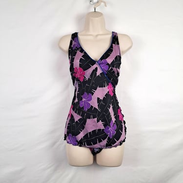 Vintage 80s Purple Floral Swimsuit, Size Large / Extra Large 