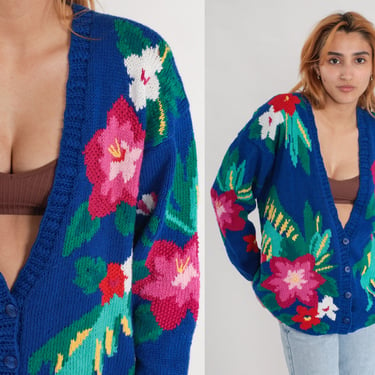 Floral Cardigan Sweater 80s 90s Blue Izod Sweater Button Up Floral Deep V Neck Knit Vintage Retro Grandma Cotton Ramie 1990s Jacquard Small 