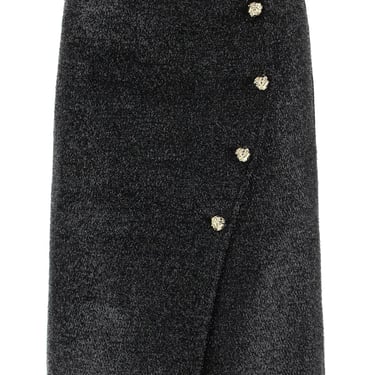 Ganni metallic tweed wrap skirt with embossed buttons