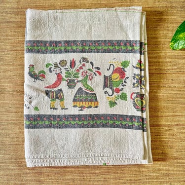 Vintage Parisian Prints Linen Tablecloth - Pennsylvania Dutch Folk Art Design - 63