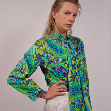 1970s Pussy Bow Blouse Vintage Neon Psychedelic Novelty Shirt Long Sleeve Button Up Rolled Cuffs Secretary Blouse Medium 