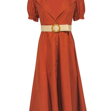 WeWoreWhat - Burnt Orange Puff Sleeve Belted &quot;Bella&quot; Midi Dress Sz L