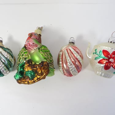 Vintage Figural Christmas Ornaments - 4 Figural Glass Ornaments Parakeets, Round Swirl and Teapot 