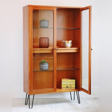 Teak & Glass Upright Display Cabinet / Bookcase on Black Metal Hairpin Legs - G Plan Fresco - Redesigned - Refurbished - Mid Century Modern 