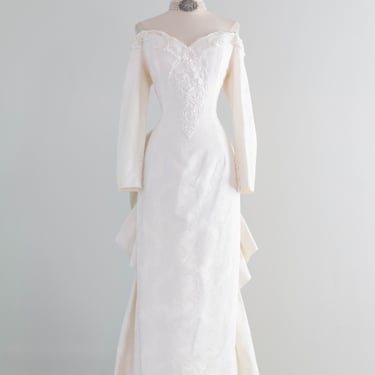 Dreamy 1980's Jessica McClintock OTS Ivory Brocade Wedding Gown / Medium