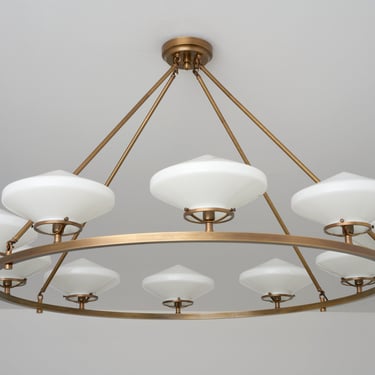 Large Chandelier - Brass Lighting - Statement Piece - Art Deco Shades - Mid Century Modern 