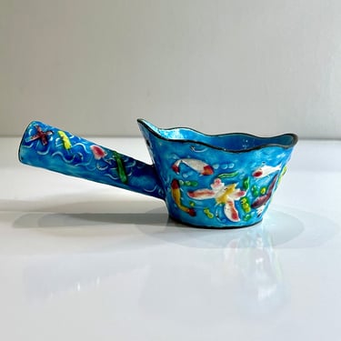 Cloisonne Enamel Silk Iron, Trinket Dish, Votive Candle Holder - Chinoiserie Asian Style with Koi Fish and Butterflies, Blue White Red Green 