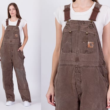 90s Carhartt Made In USA Unisex Insulated Overalls - 38x32 | Vintage Brown Distressed Workwear Jumpsuit 