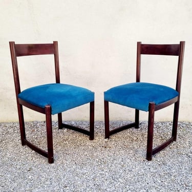 Pair of Mid Century Modern Blue Dining Chairs / Wooden Chairs / Blue Alcantara Chairs / Vintage Chairs / Blue Chairs / Italy / 1960s / '60s 