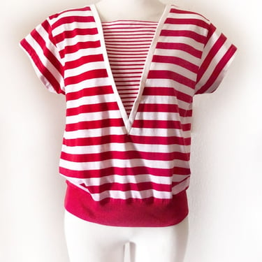 1970's 80s New Wave PUNK ROCK T-Shirt Red White Stripes Vintage tshirt Blouse  V neck 